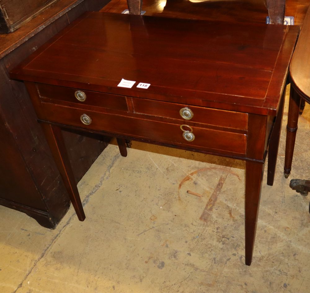 An early 19th century French mahogany and line inlaid side table, fitted with long and two short drawers, W.79cm